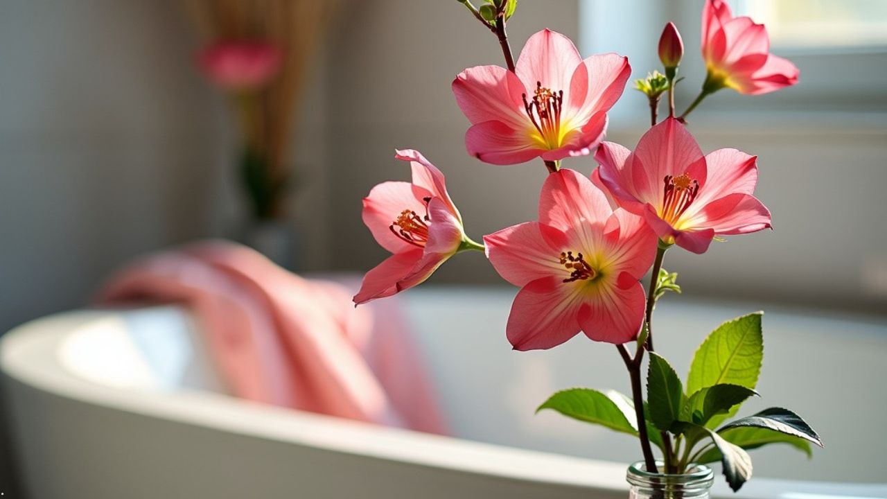 Blumenzweig vor Badewanne