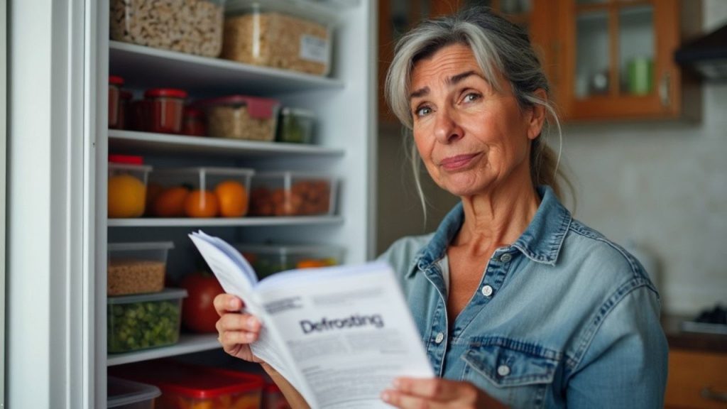 Eine Frau liest ein Handbuch, um ihr Gefrierschrank abzutauen